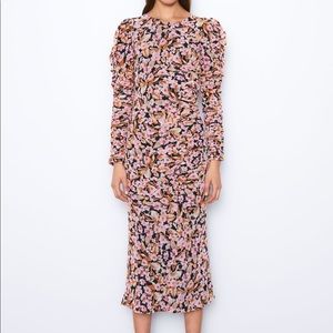 Romantic pink floral ruched midi dress